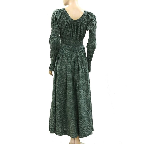 DOEN Kaira Midi Dress Printed Smocked Ruffle Evergreen Puff Sleeve S New - Picture 6 of 11